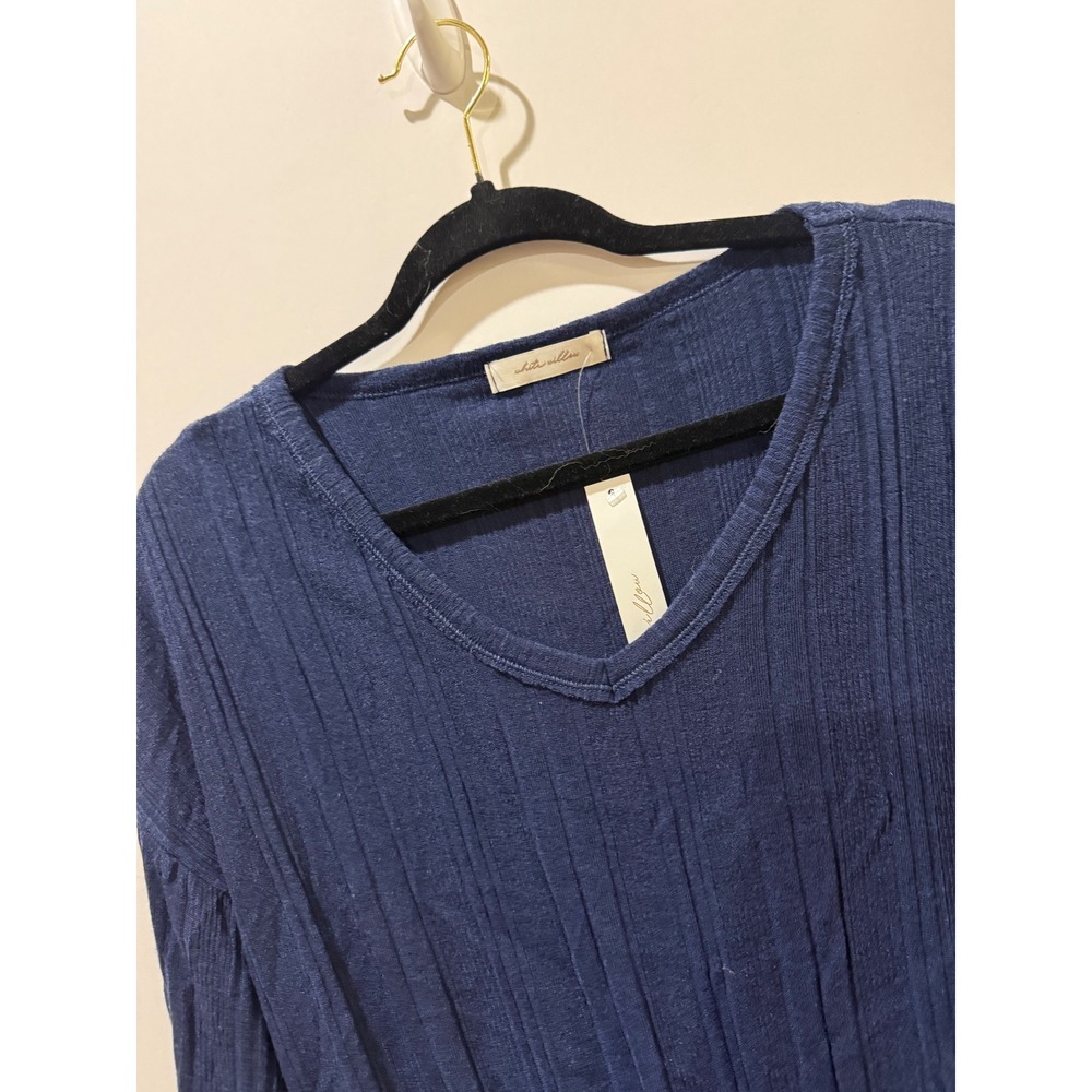 White Willow Ribbed Knit Top Womens Medium Navy Blue New Cropped V-Neck Tie Hem